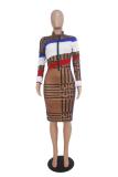 Multi-color Fashion Sexy Cap Sleeve Long Sleeves V Neck Lantern skirt Knee-Length Print Patchwork
