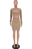 Camel Sexy Solid Patchwork Off the Shoulder Long Sleeve Two Pieces