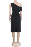 Black Fashion Sexy Solid Backless Asymmetrical Oblique Collar Sleeveless Dress