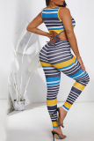 Red Casual Striped Patchwork O Neck Sleeveless Two Pieces