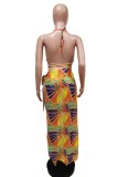 Orange Sexy Print Backless Swimwears Three-piece Set