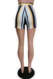 Hide Blue Fashion Casual adult Striped Patchwork Print ruffle Two Piece Suits Straight Half Sleeve Two Pieces