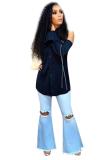 Dark Blue Turndown Collar Long Sleeve Patchwork Button Solid
