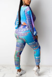 Blue Casual Print O Neck Long Sleeve Two Pieces