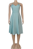 Blue Sexy Spaghetti Strap Sleeveless V Neck Swagger Knee-Length Polka Dot Dresses
