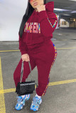 Wine Red Fashion Casual Letter Print Basic Hooded Collar Long Sleeve Two Pieces