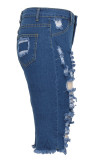 Blue Denim Button Fly Mid Patchwork Solid Hole washing Old Straight Capris Bottoms