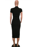 Black Fashion adult Sexy Cap Sleeve Short Sleeves O neck A-Line Mid-Calf hole Print asymmetrical