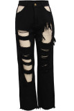 Black Denim Zipper Fly Button Fly High Solid washing Hole Zippered Straight Pants 