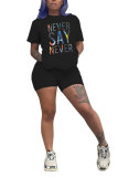 Black Fashion Casual adult Letter Patchwork Print Two Piece Suits Straight Short Sleeve Two Pieces