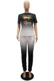 Orange Casual Patchwork Print Gradient Lips Print pencil Short Sleeve Two Pieces
