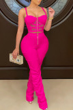Rose Red Sexy Solid Patchwork Fold Zipper Spaghetti Strap Sleeveless Two Pieces