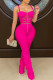 Rose Red Sexy Solid Patchwork Fold Zipper Spaghetti Strap Sleeveless Two Pieces