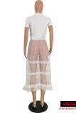 White O Neck Short Sleeve perspective Mesh Print Tees & T-shirts