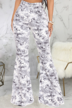 White Casual Print Patchwork High Waist Boot Cut Denim Jeans