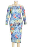 colour Sexy Knitting Print Bateau Neck Pencil Skirt Plus Size 