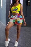 Pink Fashion Casual Print Basic One Shoulder Sleeveless Two Pieces