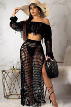 Black Sexy Fashion tassel HOLLOWED OUT perspective Patchwork A-line skirt Long Sleeve