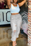 Light Gray Casual Solid Ripped Regular Bottoms