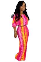 Red Casual Fashion Tie Dye crop top Two Piece Suits asymmetrical Straight Half Sleeve Two-pie