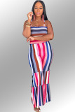 Blue Fashion Casual Draped Print Striped Sleeveless Slip Jumpsuits