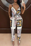 Black Street Print Bandage Patchwork V Neck Straight Jumpsuits