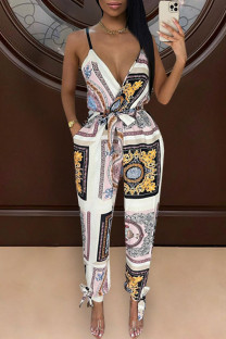 Black Street Print Bandage Patchwork V Neck Straight Jumpsuits