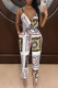 Black Street Print Bandage Patchwork V Neck Straight Jumpsuits