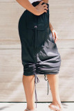 Black Casual Solid Draw String Fold Bottoms
