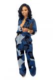 Blue Fashion Casual Button bandage Coloured drawing Camouflage Long Sleeve O Neck 