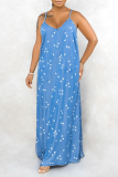 Blue Sexy Print Patchwork Spaghetti Strap Straight Dresses