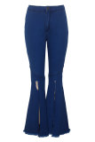 Dark Blue Denim Button Fly Sleeveless High Patchwork Solid Split Hole Boot Cut Pants Bottoms
