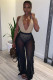 Black Elastic Fly Sleeveless Mid ruffle Mesh Straight Pants