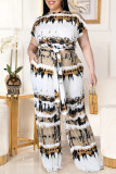 Yellow Fashion Casual Print Basic O Neck Plus Size Two Pieces