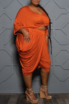 Orange Fashion Casual Solid Basic O Neck Plus Size Two Pieces