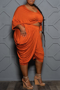 Orange Fashion Casual Solid Basic O Neck Plus Size Two Pieces