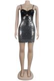 Silver adult Fashion Sexy Spaghetti Strap Sleeveless Slip Step Skirt skirt Sequin Solid Club Dre