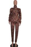 Leopard print Casual Patchwork Leopard Print Two Piece Suits pencil Long Sleeve 