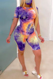 Multicolor Fashion Casual Print Basic O Neck Short Sleeve Two Pieces