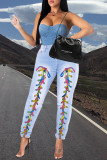 Medium Blue Fashion Casual Solid Strap Design High Waist Regular Jeans