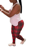 Red Fashion Casual adult Plaid Letter Patchwork Print Two Piece Suits pencil Sleeveless Two Pieces