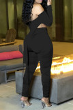 Black Sexy Solid Patchwork Bateau Neck Two Pieces