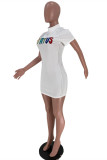 White Fashion Casual Letter Embroidered O Neck Short Sleeve Dress