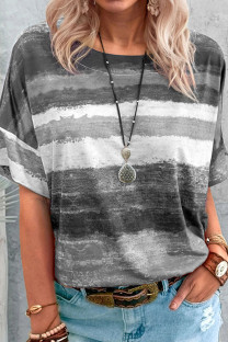 Grey Fashion Casual Gradual Change Patchwork O Neck T-Shirts