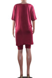 Wine Red Casual Solid pencil Half Sleeve Two Pieces