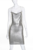 Gold Fashion Sexy Solid Backless Spaghetti Strap Sling Dress