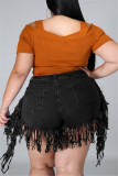 Rose Red Fashion Casual Solid Tassel Plus Size Jeans
