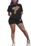 Black Fashion Casual Print Two Piece Suits pencil Short Sleeve Two Pieces