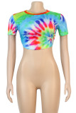 Camouflage Multi-color Camouflage O Neck Short Sleeve Patchwork Print Slim fit backless Camouflage Tie Dye Bandage crop top Tops