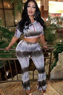 Grey Sexy Fashion Patchwork Print Tie Dye Boot Cut Short Sleeve Two-piece Pants Set